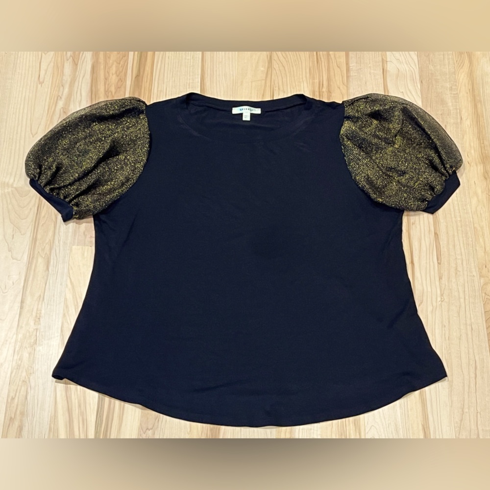 Emerald Brand Black Short Sleeve Blouse Top with Sheer Gold Sleeves - Size 2X